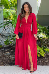 Burgundy Pleated V Neck Maxi Dress