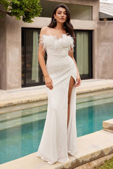 Oksana Gown Feather Trim Sequin Dress Off White