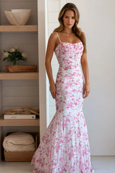 Pink Floral Pleated Mermaid Maxi Dress