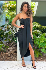Black Strapless Ruched Dress