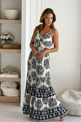 Ivory And Navy Printed Maxi Dress With Cut Outs