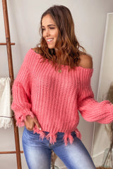 Coral Off Shoulder Distressed Sweater