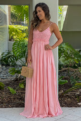 Pink Crochet Top Maxi Dress With Open Back and Frayed Hem