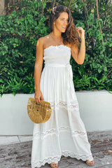Off White Strapless Maxi Dress With Crochet Details