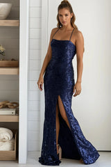 Navy Sequin Lace Up Back Mermaid Maxi Dress