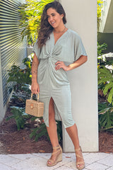 Sage Shimmer Knot Front Midi Dress