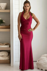 Red Ruched Lace Up Mermaid Maxi Dress