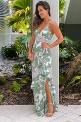 Mint Printed Maxi Dress With Lace Detail