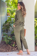Olive Satin Jumpsuit With Long Sleeves