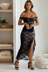 Black Lace Off Shoulder Ruffle Slit Dress