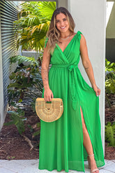 Green V Neck Maxi Dress With Tie Straps