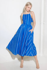 LET THE GOOD IN BLUE STRIPE TIE BACK MIDI DRESS
