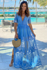 Blue Lace Maxi Romper with Sleeves and Slits