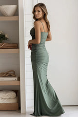 Olive Metallic Ruched Maxi Dress With Slit