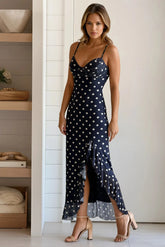 Navy Polka Dot Ruffled Slit Dress