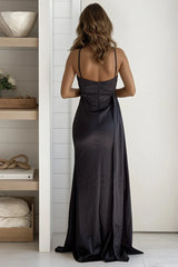 Black Pleated Waist Train Maxi Dress With Slit