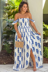 Off White Printed Off Shoulder Maxi Dress With Slit