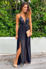 Black Sequin Top Maxi Dress With Slit