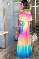 Pink And Yellow Multi Color Off Shoulder Maxi Dress