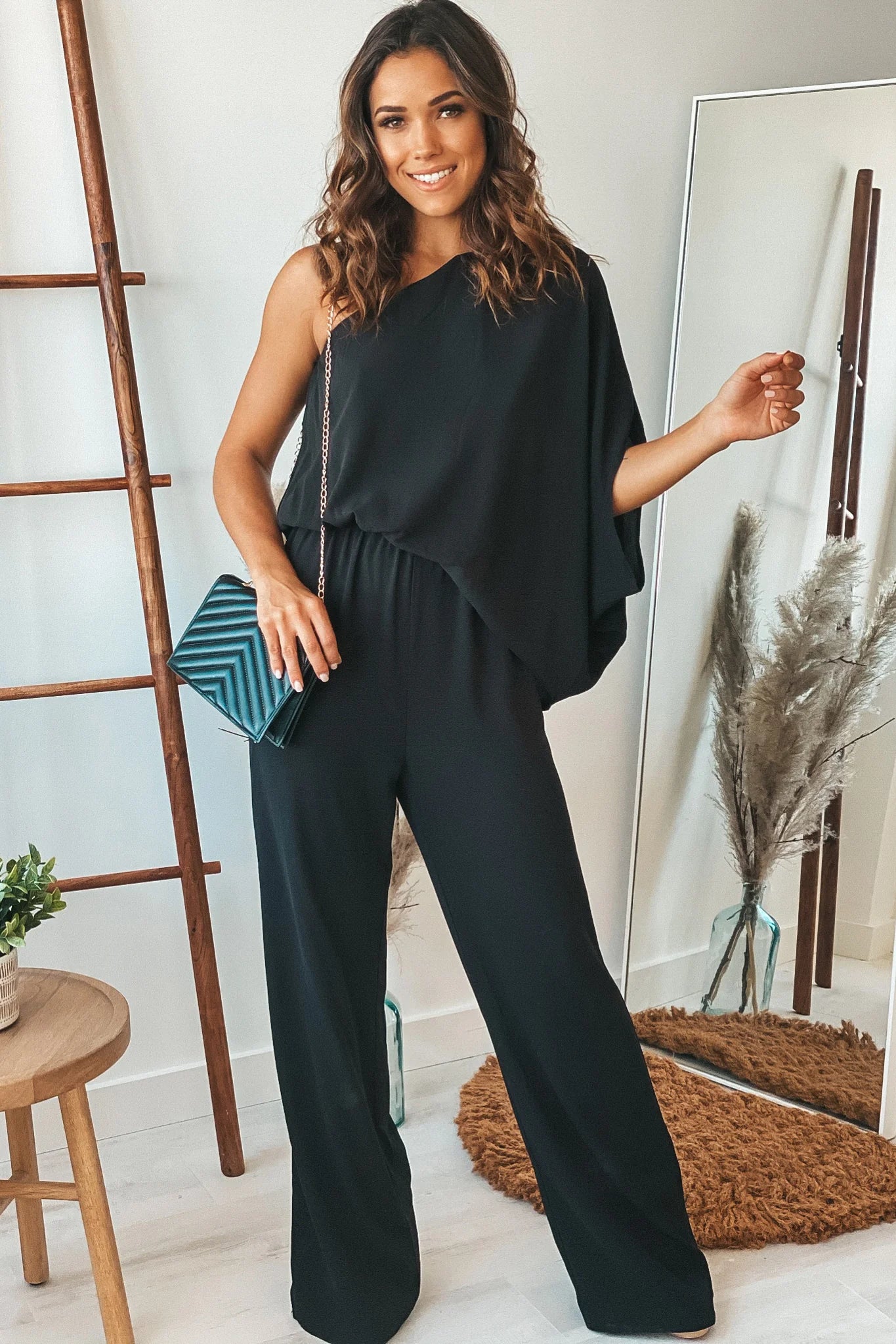 Black One Shoulder 3 4 Sleeve Jumpsuit