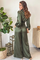 Dusty Olive Satin Jumpsuit With Long Sleeves