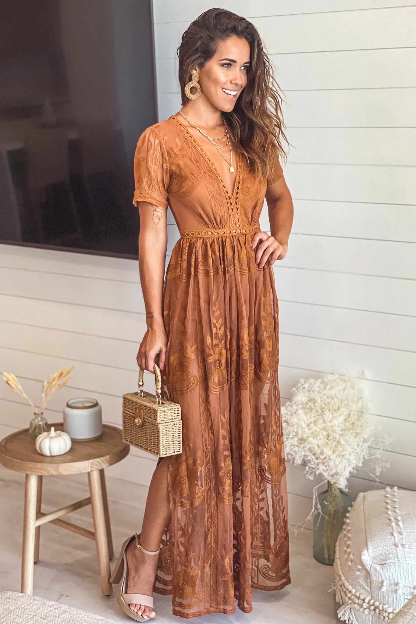 Espresso Lace Maxi Romper with Sleeves and Slits