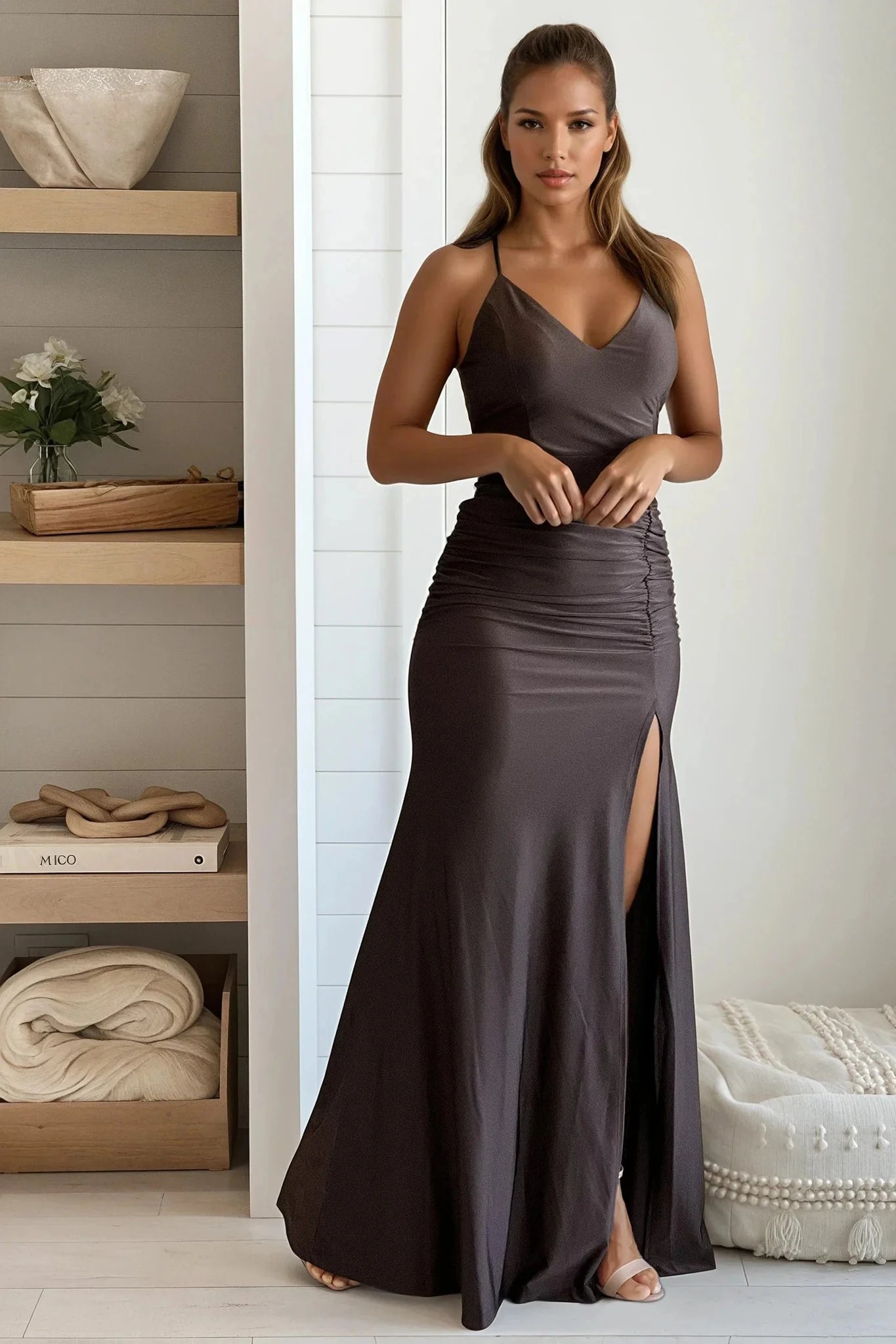 Brown Ruched Maxi Dress With Slit