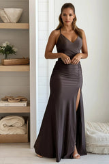 Brown Ruched Maxi Dress With Slit