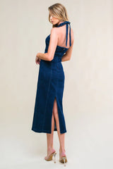 SO QUINTESSENTIAL BODYCON HALTER DENIM MIDI DRESS