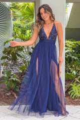 Navy Tulle Maxi Dress With Sequin Top And Criss Cross Back