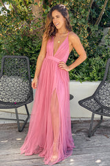 Rose V Neck Tulle Maxi Dress with Criss Cross Back