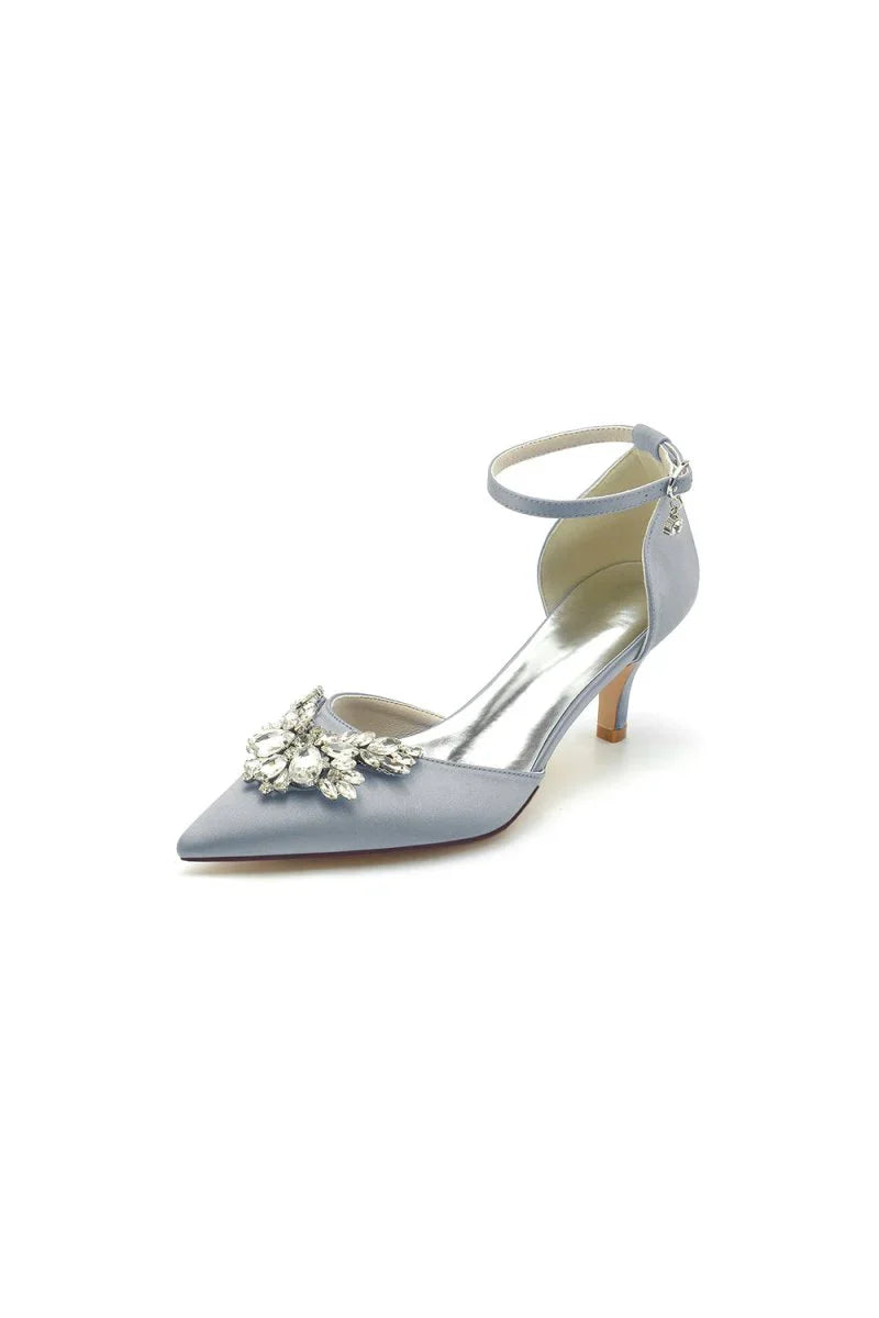 Pointed Toe Satin Kitten Heels With Rhinestone