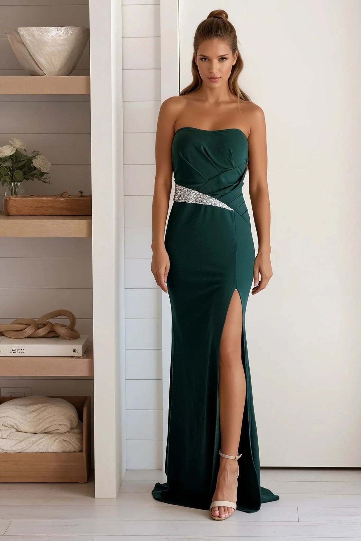 Hunter Green Maxi Dress With Rhinestone Waist Detail And Slit