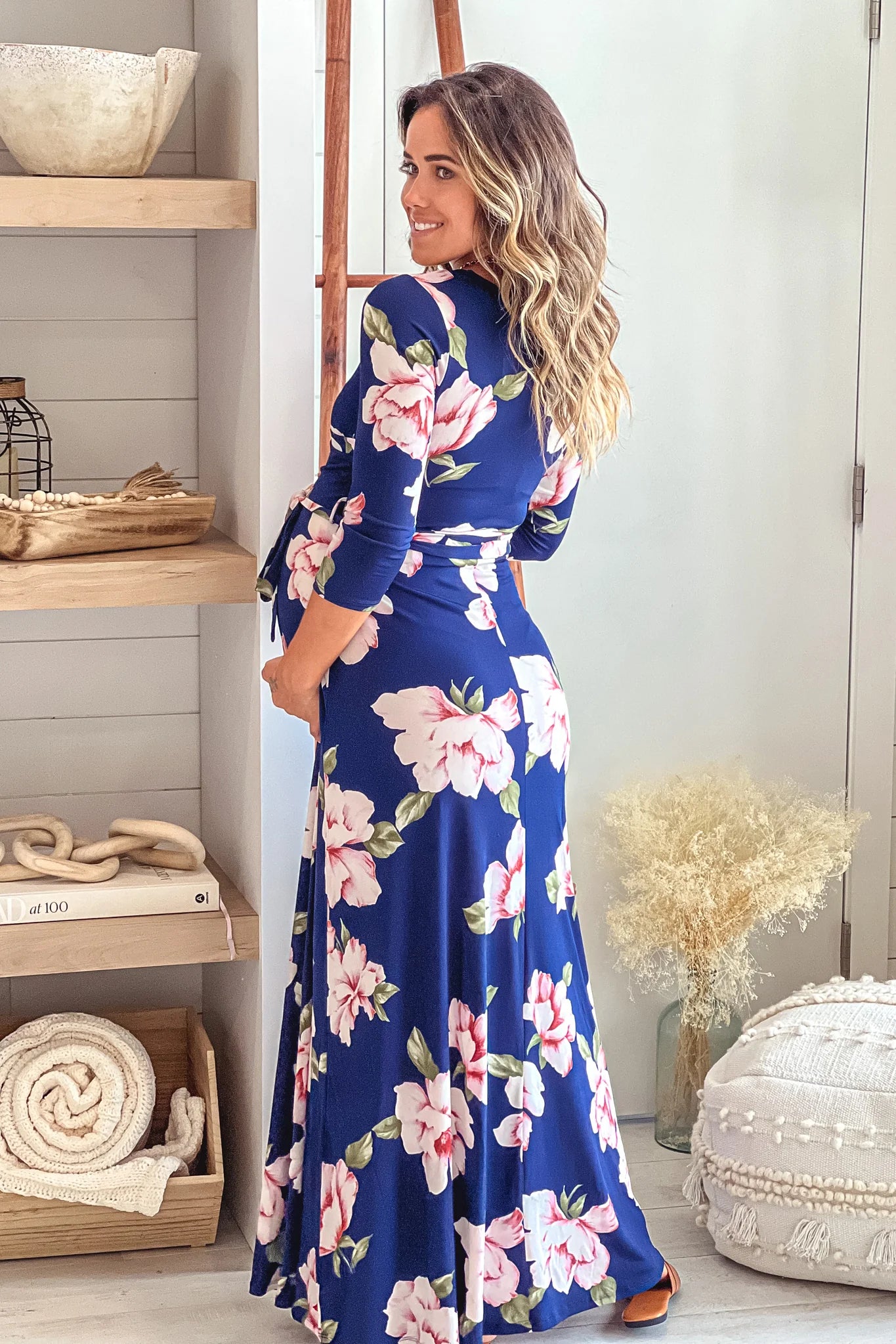 Navy and Pink Floral Maternity Maxi Dress with Tie