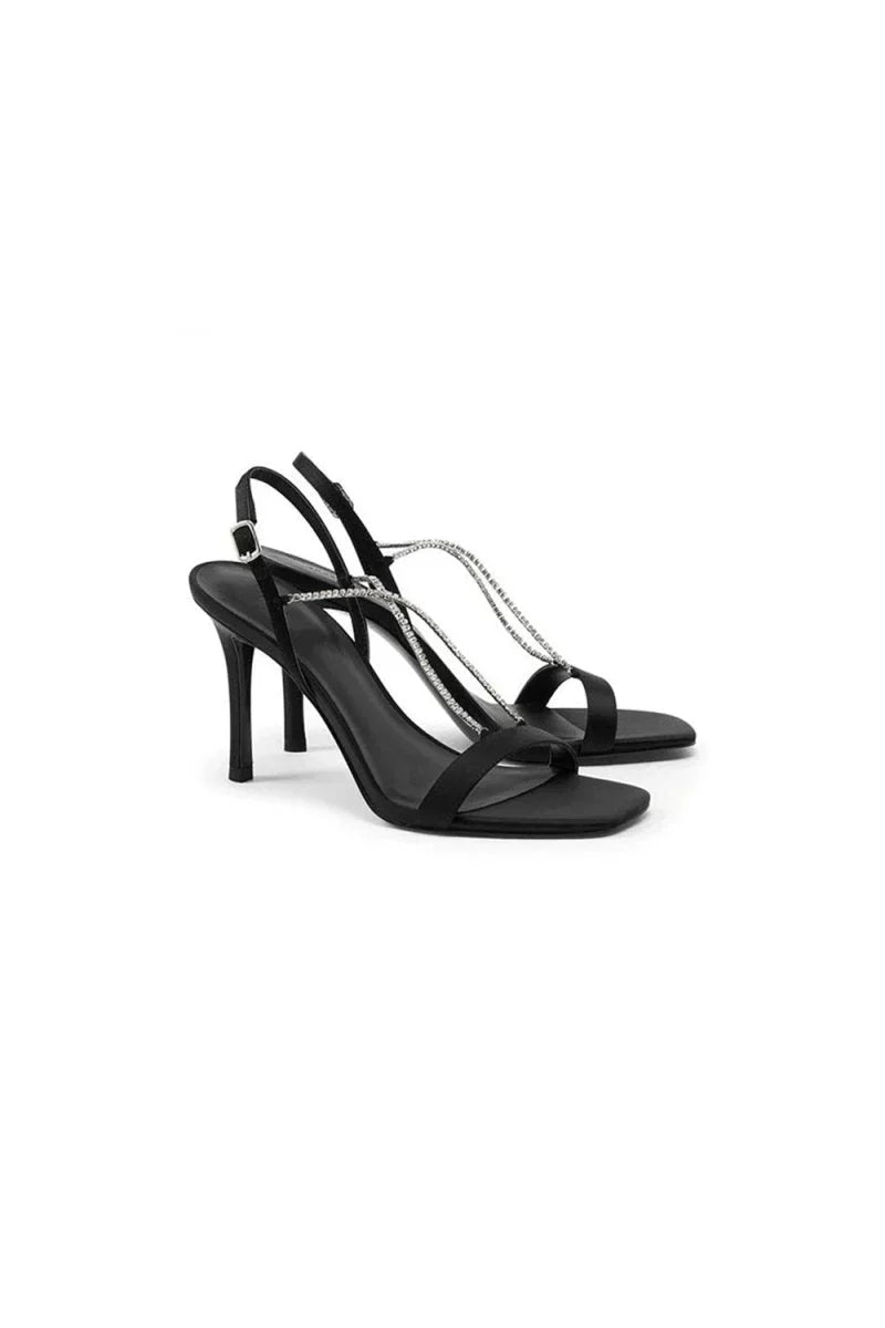 Square Toe Stiletto Black High Heels with Beading