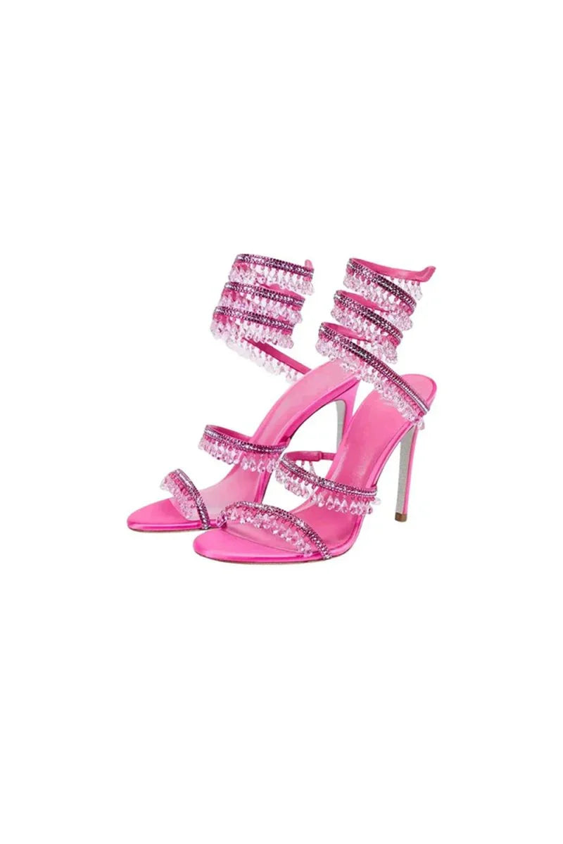 Open Toe Ankle Wrap Beaded Crystal Stiletto Heels