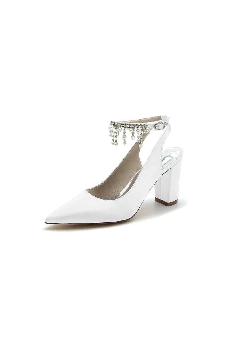 Pointed Toe Satin Chunky Heels With Pearl Tassel