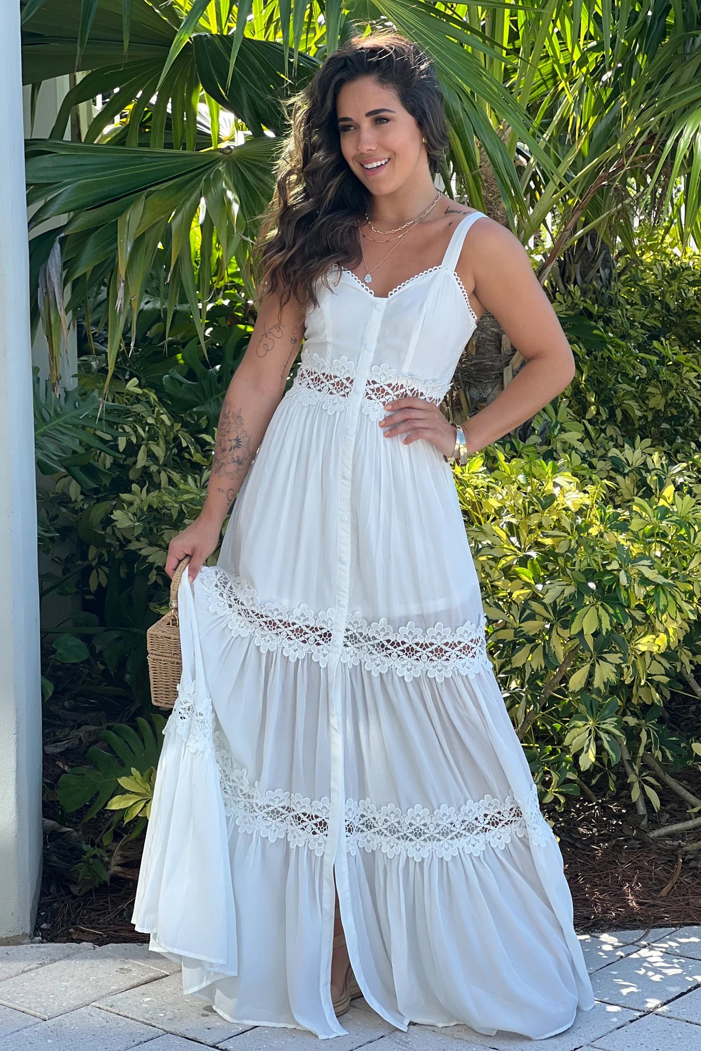 Ivory Maxi Dress With Crochet Trim And Slit