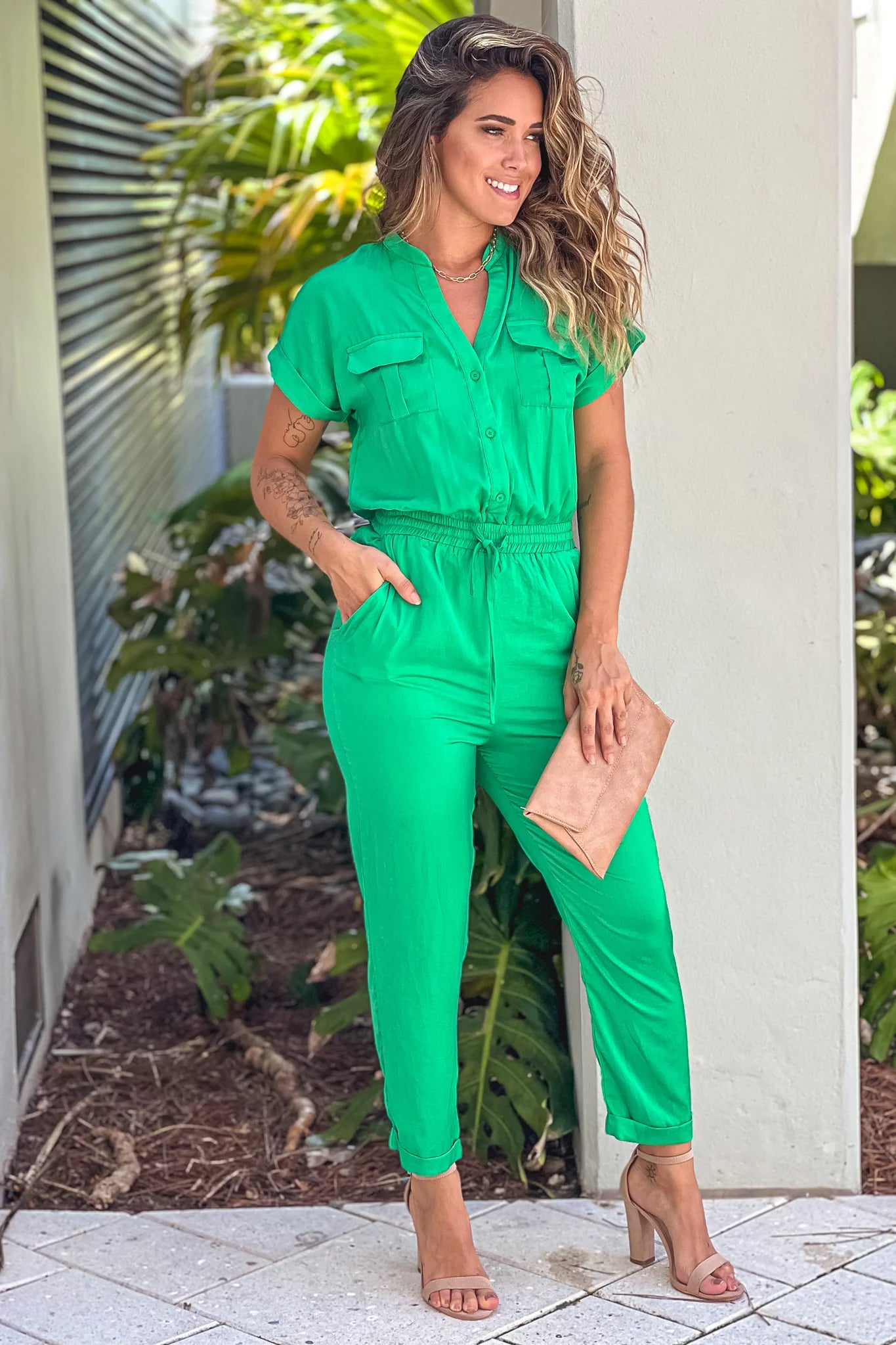 Kelly Green Satin Jumpsuit With Pockets