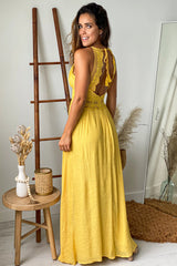 Mustard Maxi Dress With Crochet Trim And Lining