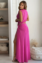 Fuchsia Slinky Twist Cut Out Maxi Dress With Deep Slit