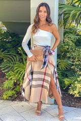 White And Mocha Plaid Midi Dress