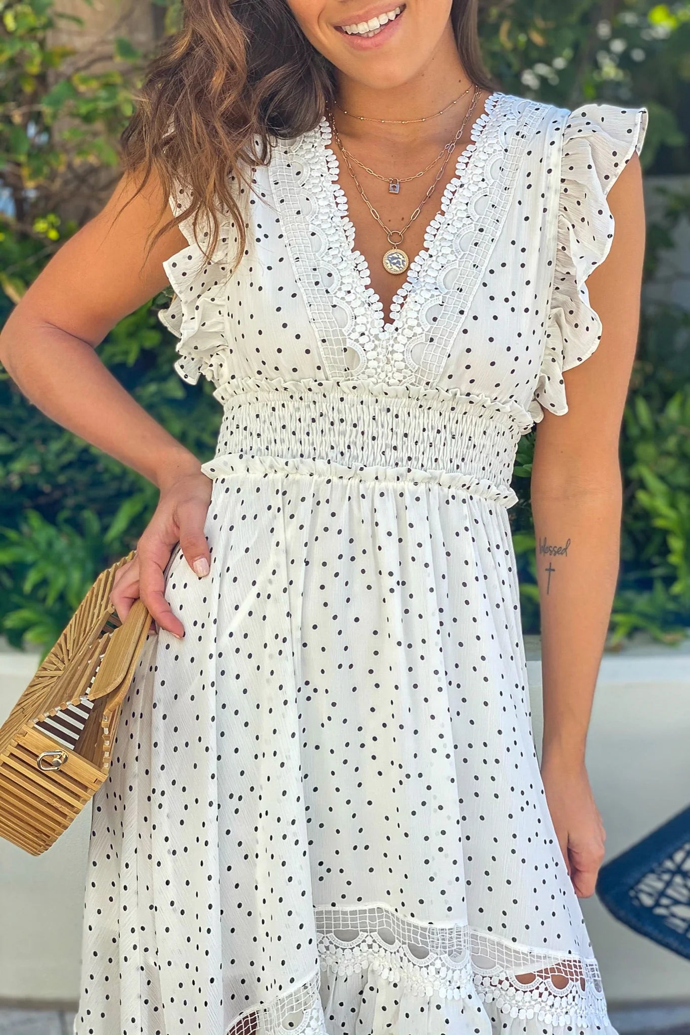 Off White Polka Dot High Low Dress with Ruffles