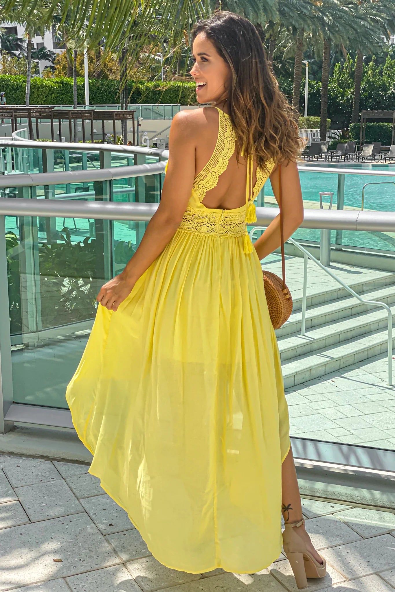 Yellow High Low Dress With Crochet Trim