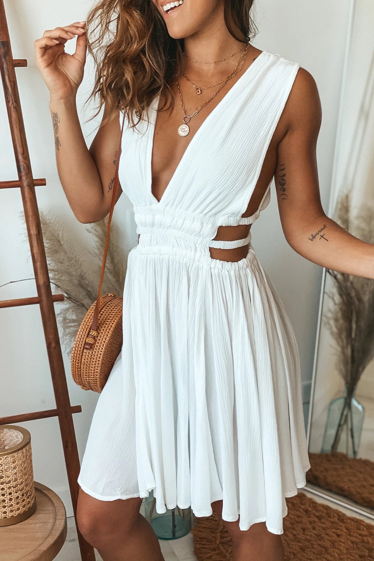 White V Neck Short Dress With Side Cutouts