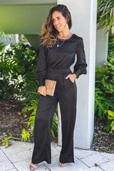 Black Satin Jumpsuit With Puff Sleeves