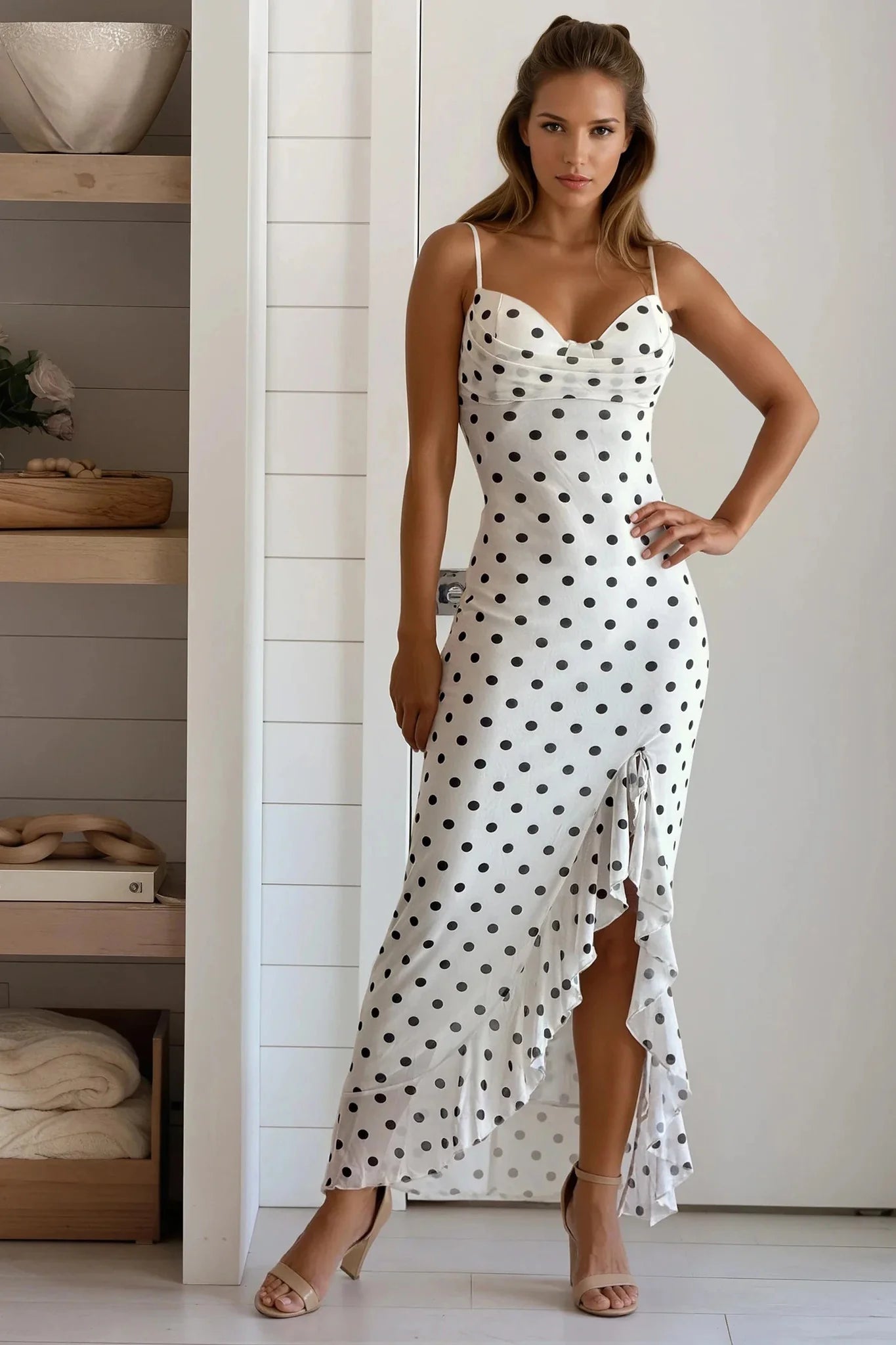 Ivory Polka Dot Mesh Ruffled Dress