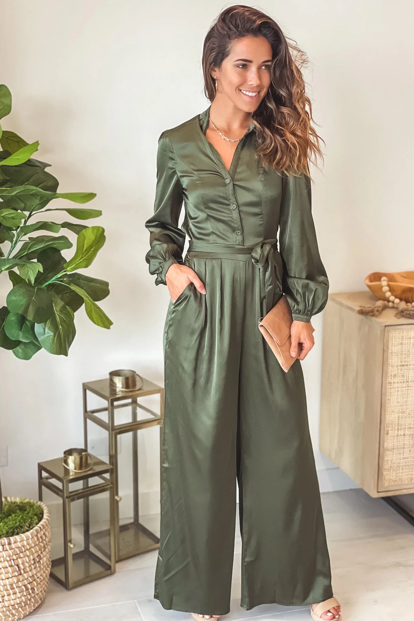 Dusty Olive Satin Jumpsuit With Long Sleeves