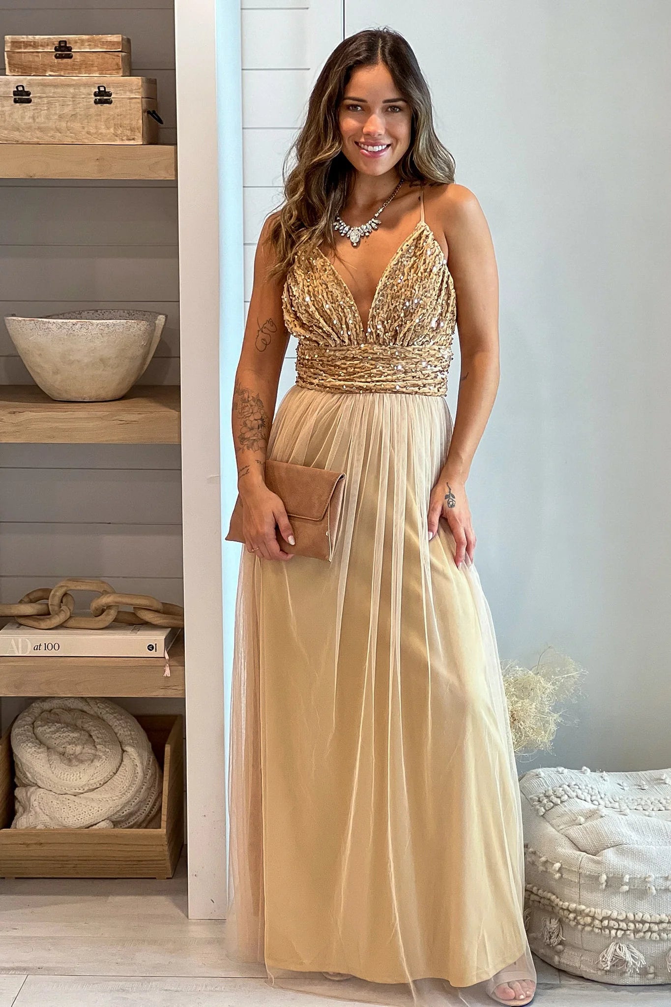 Champagne Mesh Maxi Dress With Sequin Top