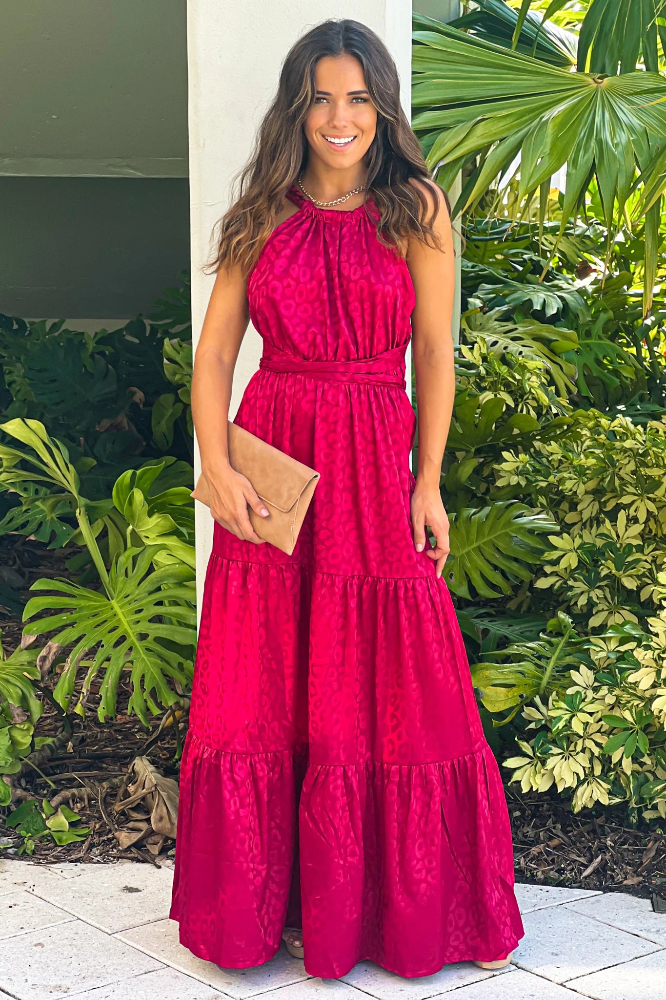 Burgundy Animal Print Satin Maxi Dress With Open Back